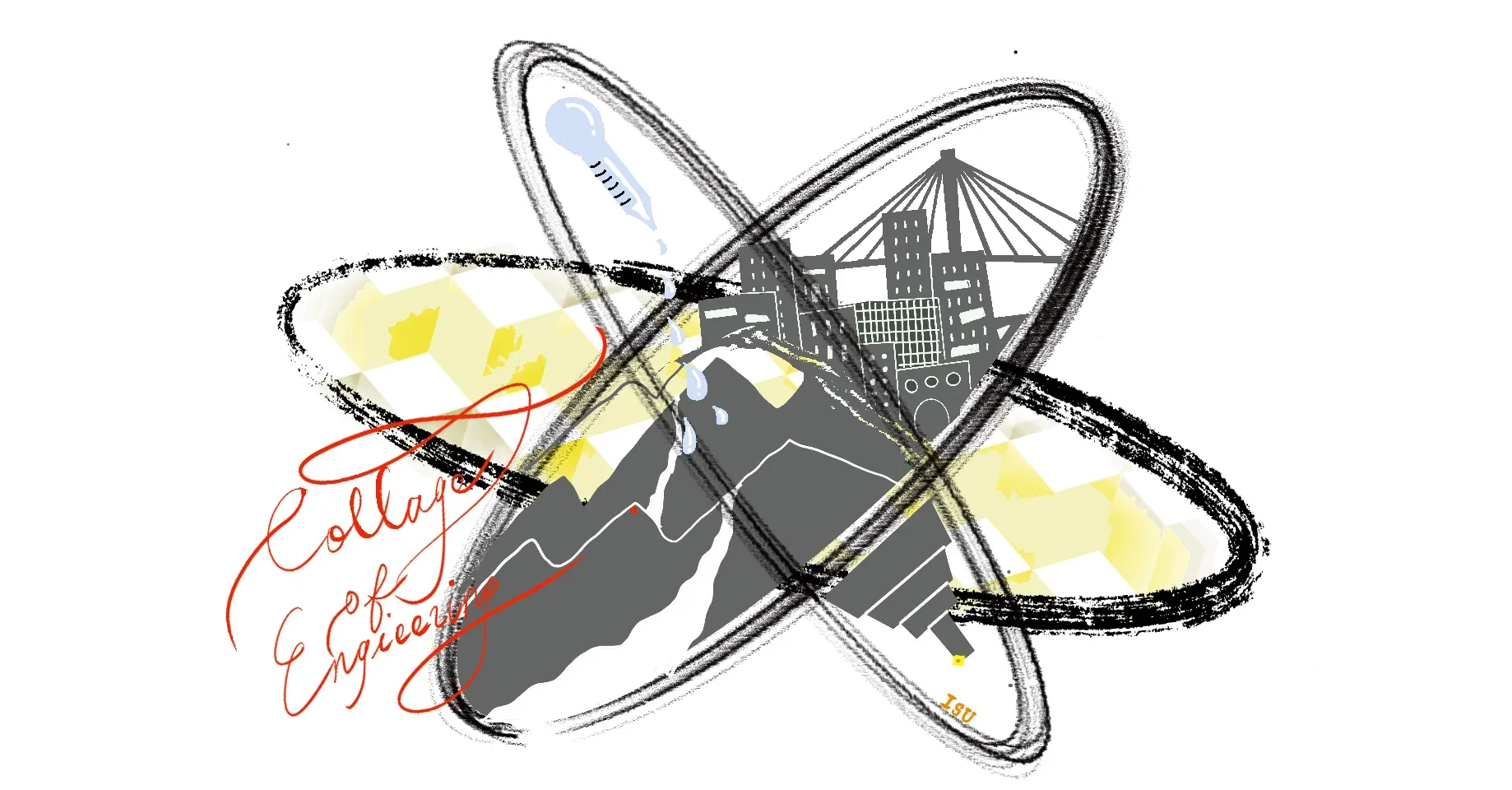 【Cosmically Engineering】在三環中構築著工學院內各系形象化表現，由內而外環環相扣，象徵著各系嚴密的緊繫互動，似宇宙中行星的互相牽引。作品中心的水滴，顯工學院培育人才積極灌溉，使前續光景川流不息、源源不絕。