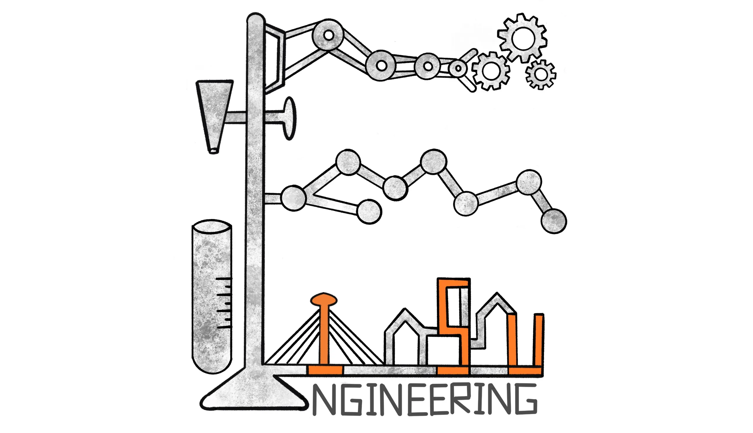 【一體同心】以Engineering的首字母E做為主要視覺呈現，將四個系的元素及著重之精神做結合，E的發音同音中文「一」的發音，以示工學院就如同一個大家庭。
