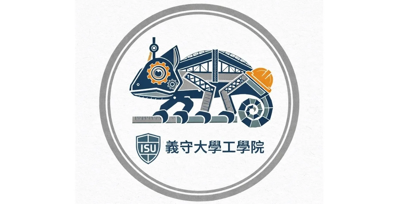【構築未來．工程進化論】本作品以機械化變色龍為意象核心，結合鋼構橋梁、齒輪傳動、量測工具與工程符號元素，構成工學院多元專業整合之視覺隱喻。變色龍象徵工程人才的「適應性」與「環境整合能力」。整體設計旨在傳達義守大學工學院培育具備跨域能力、創新思維與社會責任之工程人才。