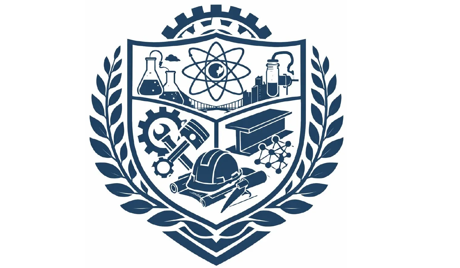 【Foundations of Engineering】盾牌外型象徵學術根基對社會的根基力量，盾牌內分別包含了化學工程（實驗瓶與分子符號）、機械工程（齒輪、扳手…）、土木工程（橋樑、安全帽…）、材料工程（分子結構圖）象徵理工學院多系並行相互支援。